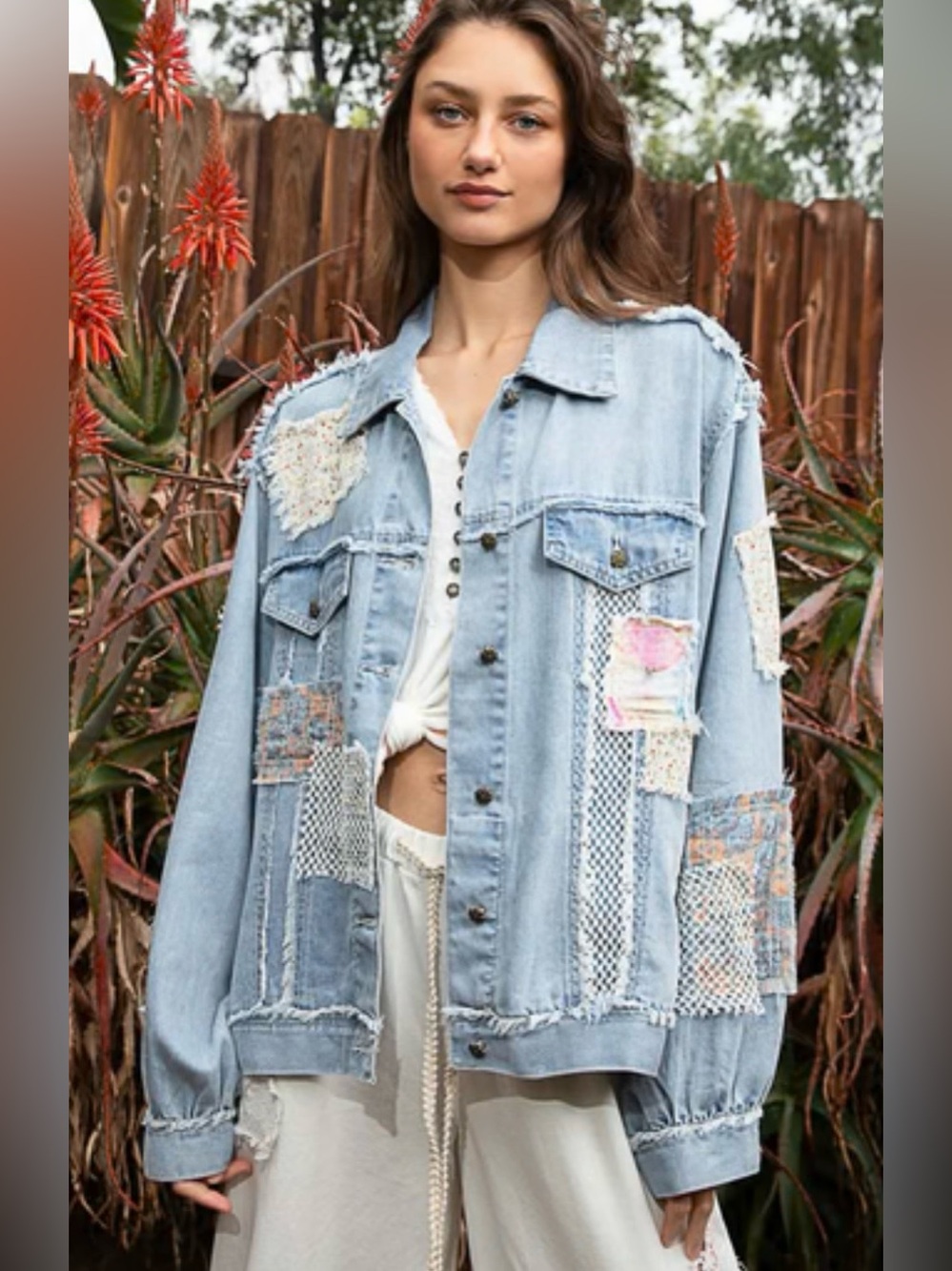 POL Light Blue Distressed Patchwork Denim Jacket